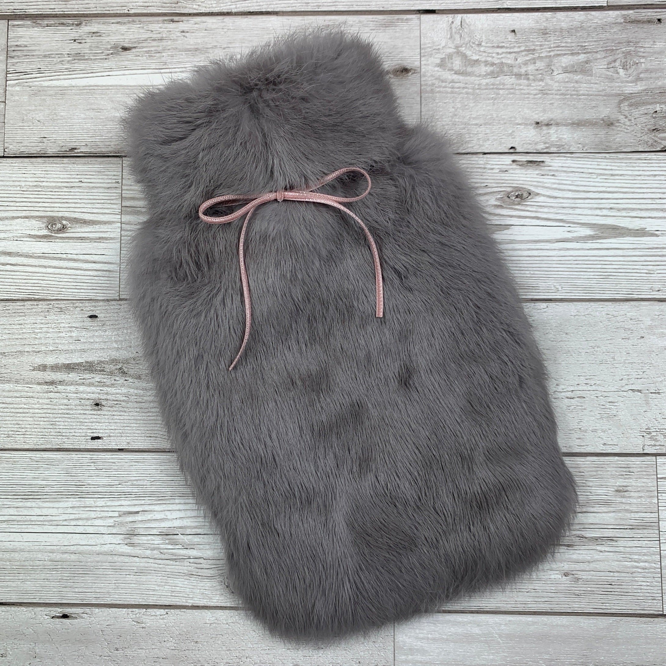 Luxury Grey Rabbit Fur Hot Water Bottle with Pink Ribbon - Small - The Fur Hot Water Bottle Company