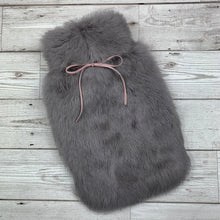 Luxury Grey Rabbit Fur Hot Water Bottle with Pink Ribbon - Small - The Fur Hot Water Bottle Company