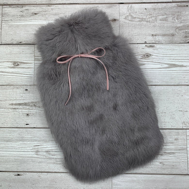 Luxury Grey Rabbit Fur Hot Water Bottle with Pink Ribbon - Small - The Fur Hot Water Bottle Company