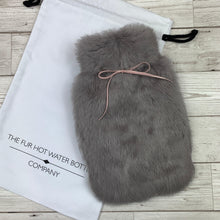 Luxury Grey Rabbit Fur Hot Water Bottle with Pink Ribbon - Small - The Fur Hot Water Bottle Company