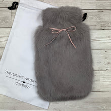 Luxury Grey Rabbit Fur Hot Water Bottle with Pink Ribbon - Large - The Fur Hot Water Bottle Company